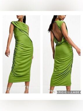NEW ASOS Green Cinched Draped Ruched Open Back Draped Midi Dress 4